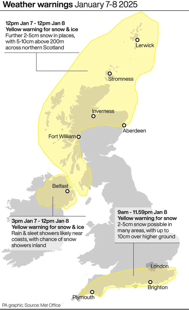 Map of UK showing weather warning areas highlighted in yellow