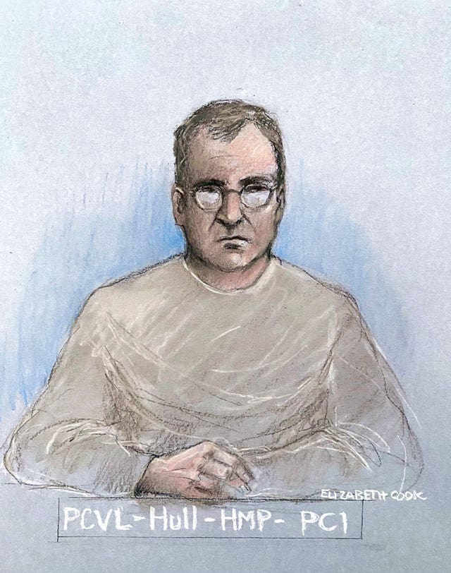 Court artist sketch of Vladimir Motin from a court appearance in April 2025