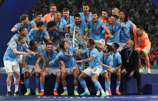 Manchester City celebrate winning the Champions League