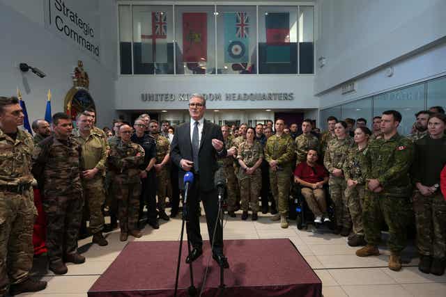 Prime Minister Sir Keir Starmer speaking during a visit to a military base in south-east England to meet with military planners mapping out next steps in the Coalition of the Willing