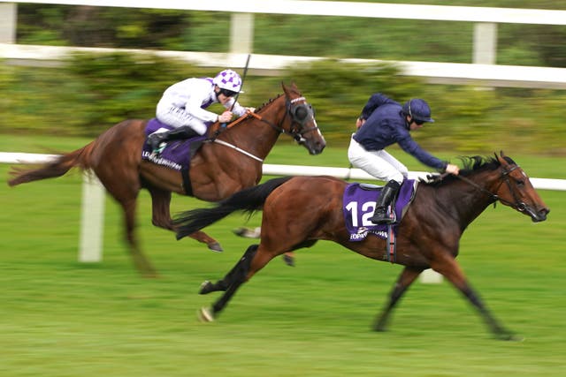 Warm Heart ridden by jockey Wayne Lordan (right) wins the Clayton Hotel Leopardstown Fillies Maiden