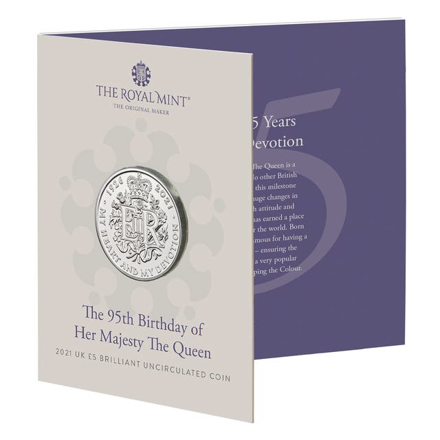 One of the new commemorative coins, 95 of which will be given to 95 people turning 95 years old, to celebrate the 95th birthday of the Queen this year