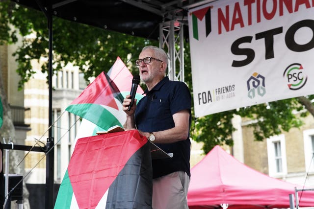 Former Labour Party leader Jeremy Corbyn speaking after a march organised by the Palestine Solidarity Campaign, from Russell Square to Whitehall in central London