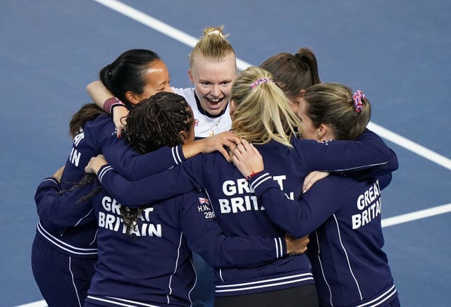 The British team celebrate victory over Sweden