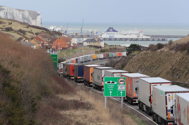 The queue for lorries trying to reach the Port of Dover stretched to around seven miles (Gareth Fuller/PA)