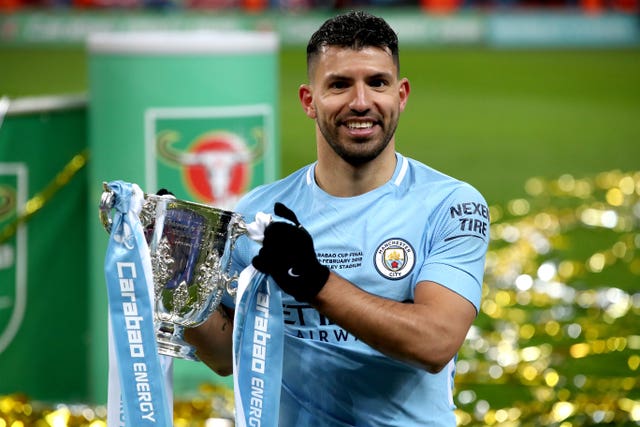 Sergio Aguero holds the 2018 League Cup trophy