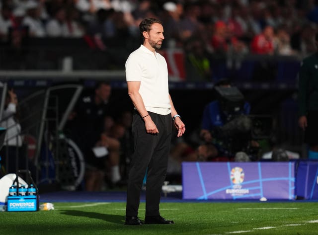 England manager Gareth Southgate on the touchline during the Euro 2024 match against Denmark