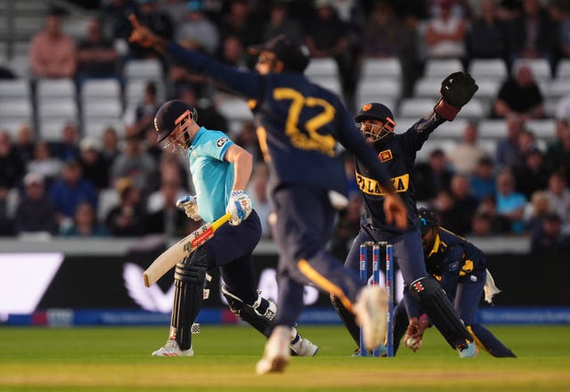 England’s Harry Brook is dismissed by Sri Lanka’s Dunith Wellalage
