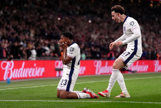 Myles Lewis-Skelly celebrates scoring on his England debut