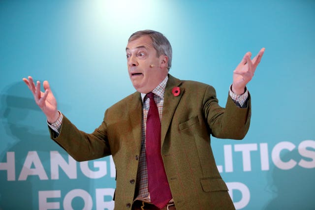 Brexit Party leader Nigel Farage addresses supporters at the Washington Central Hotel in Workington