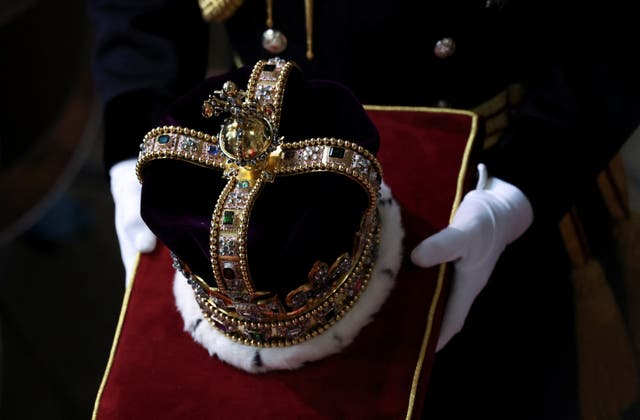 St Edward’s Crown carried on a cushion at the coronation of King Charles III and Queen Camilla at Westminster Abbey, London. 