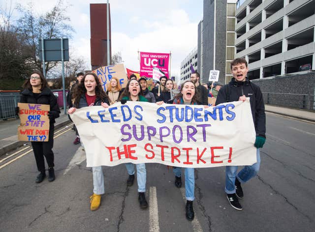 Students in Leeds city centre support university workers (Danny Lawson/PA)
