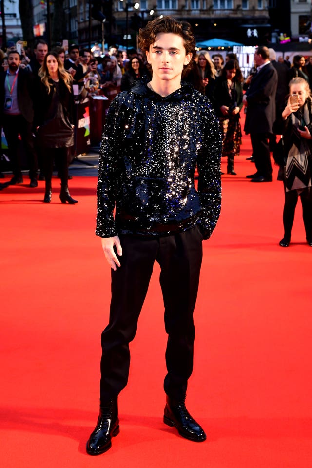 Timothée Chalamet Wears a Sequined Hoodie to The King UK Premiere