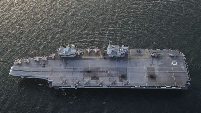 Two squadrons of F-35B stealth jets, the RAF’s 617 Squadron (The Dambusters) and the US Marines Corps VMFA-211 (The Wake Island Avengers), aboard the Royal Navy carrier HMS Queen Elizabeth