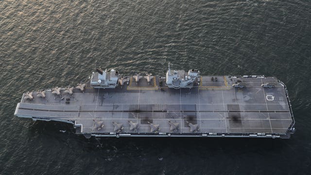 Two squadrons of F-35B stealth jets, the RAF’s 617 Squadron (The Dambusters) and the US Marines Corps VMFA-211 (The Wake Island Avengers), aboard the Royal Navy carrier HMS Queen Elizabeth