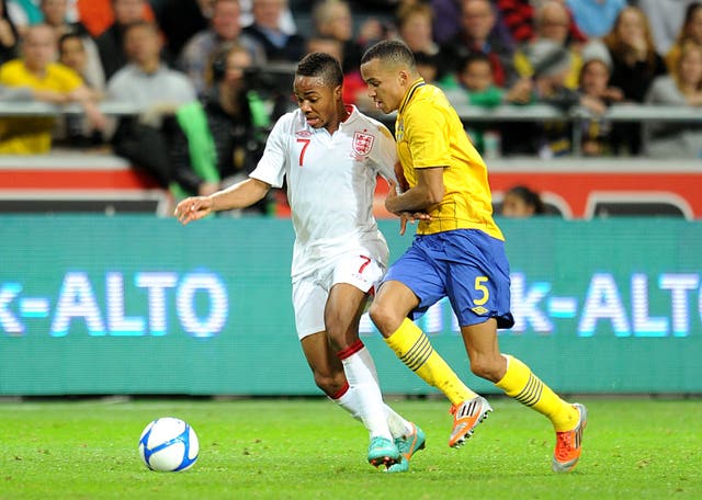 Raheem Sterling battling for the ball during his England debut at the Friends Arena in Stockholm in November 2012.