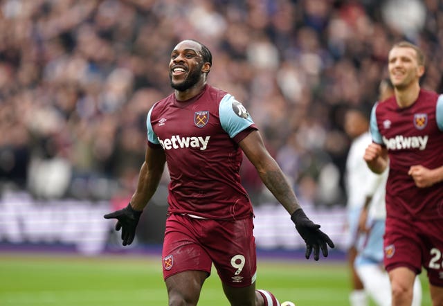 West Ham United’s Michail Antonio celebrates scoring against Aston Villa