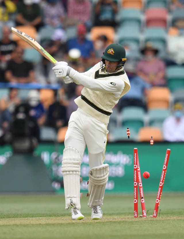 Australia’s Alex Carey is clean bowled by England’s Chris Woakes