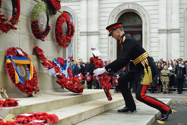 A wreath is laid during the annual Association of Jewish Ex-Servicemen and Women parade at the Cenotaph in Whitehall, London (Laila Bell/PA)
