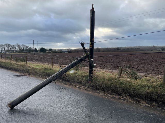 A broken telegraph pole on Blaris Road, Co Antrim