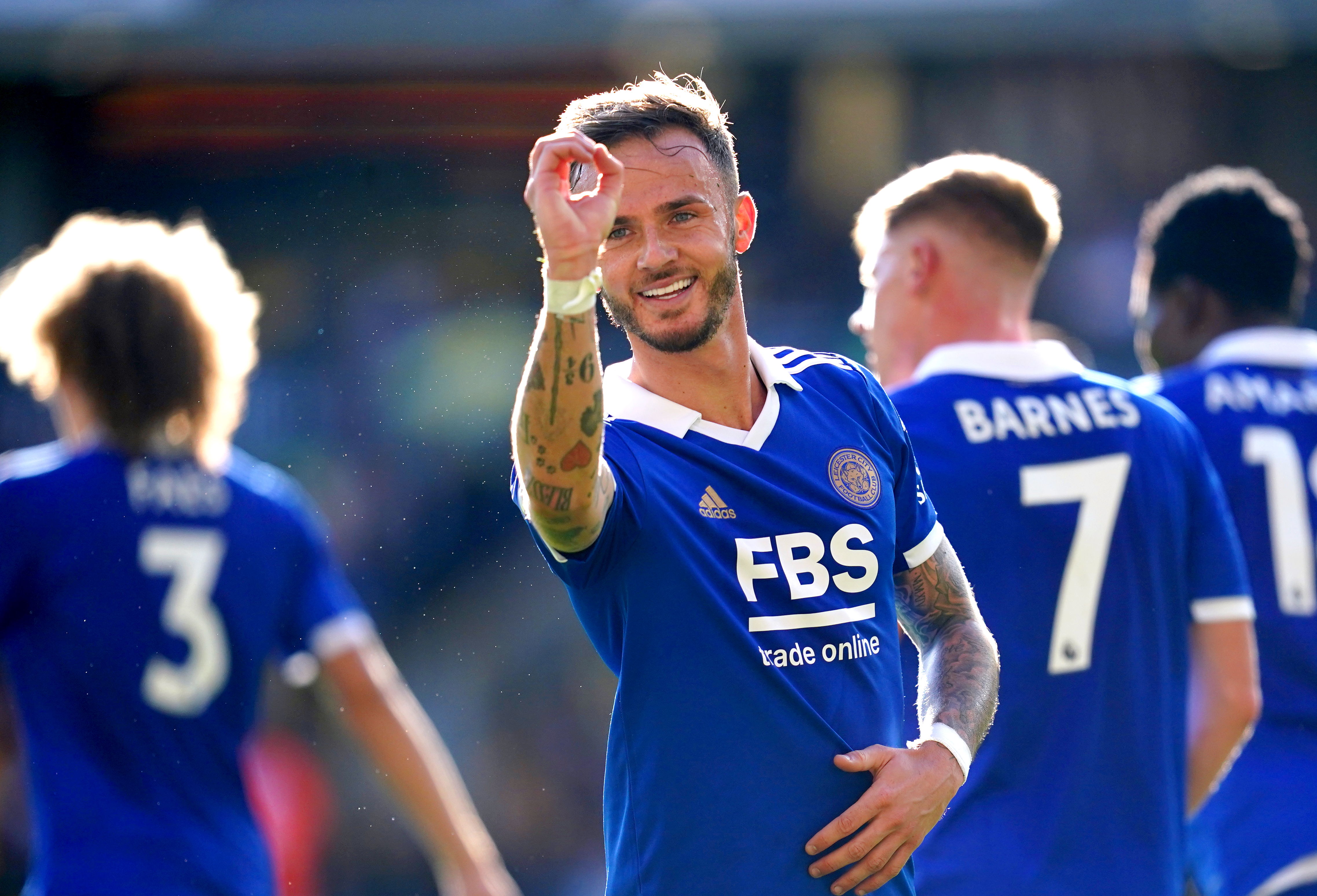 Leicester’s James Maddison celebrates his goal in the win at Wolves (Nick Potts/PA)
