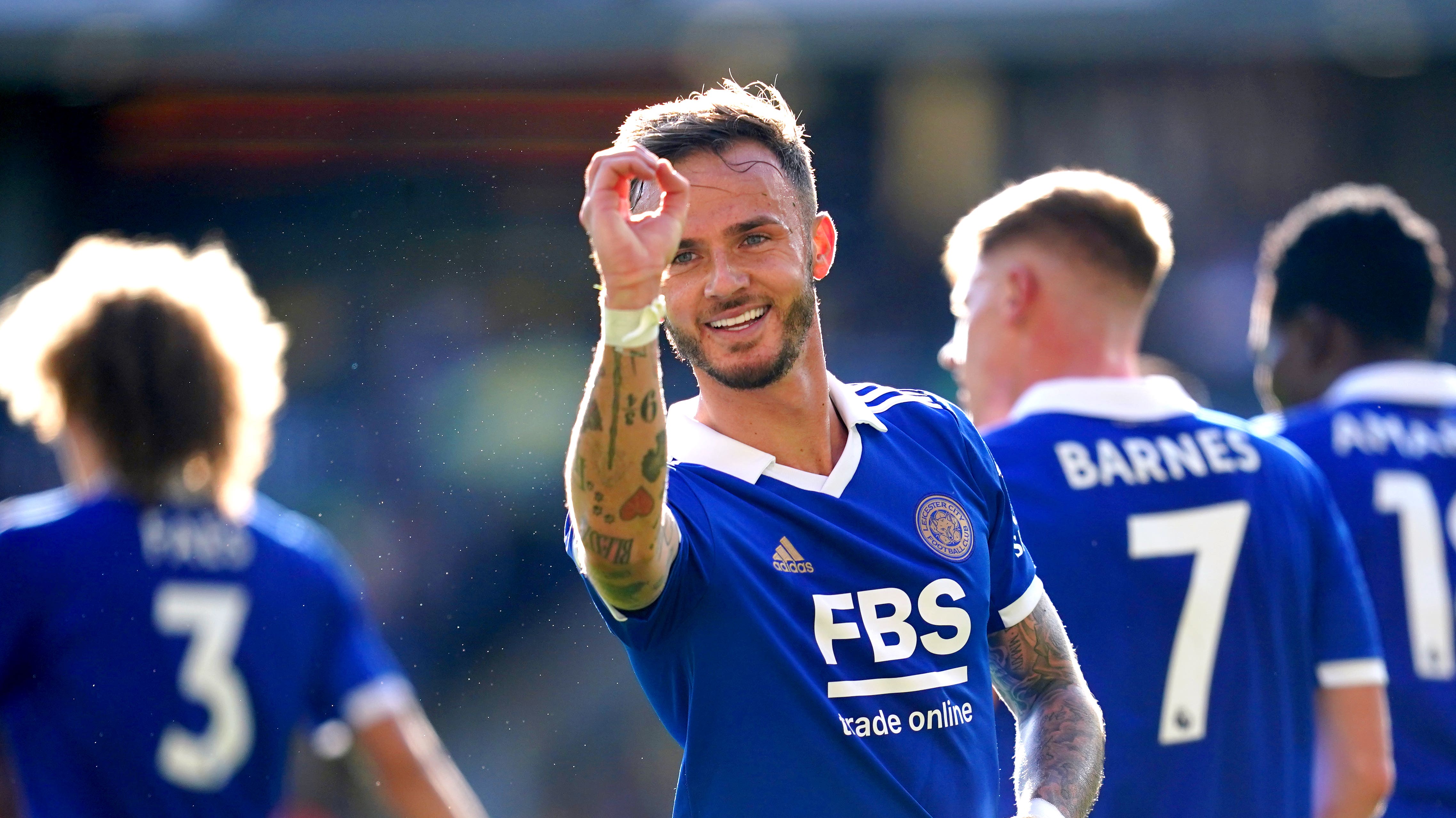 Leicester’s James Maddison celebrates his goal in the win at Wolves (Nick Potts/PA)