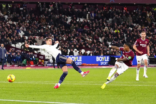West Ham’s Crysencio Summerville, right, scores a goal which was then ruled out for offside by VAR