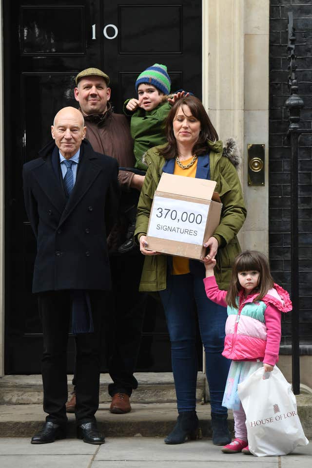 Alfie Dingley, his sister Annie, parents Drew Dingley and Hannah Deacon and actor Sir Patrick Stewart, who took their campaign to Downing Street earlier this year