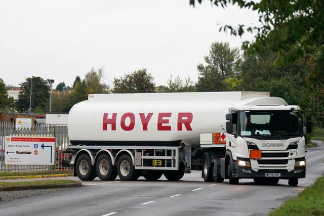 A fuel tanker departs a Shell oil depot in Kingsbury, Warwickshire
