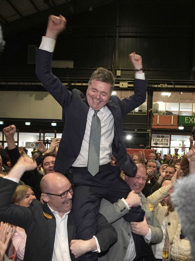Paschal Donohoe celebrates being elected at RDS Simmonscourt, Dublin, in 2024 