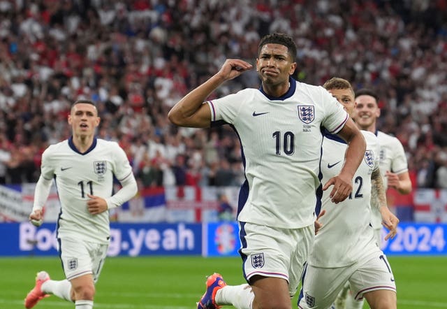 England’s Jude Bellingham celebrates scoring during the Euro 2024 Group C match against Serbia at the Arena AufSchalke