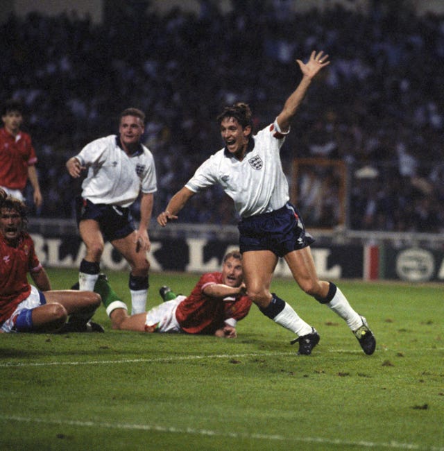 Gary Lineker celebrates a goal against Hungary at Wembley