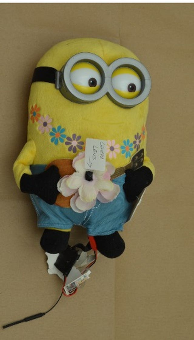 A Minion soft toy which had been adapted with a camera to be used for spying