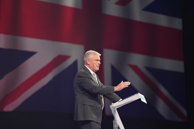 Reform UK MP Lee Anderson speaks at the party’s annual conference at the National Exhibition Centre in Birmingham 