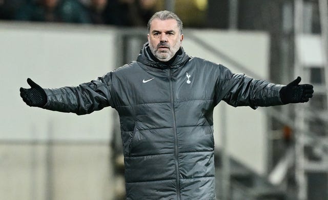 Tottenham manager Ange Postecoglou gestures on the sidelines