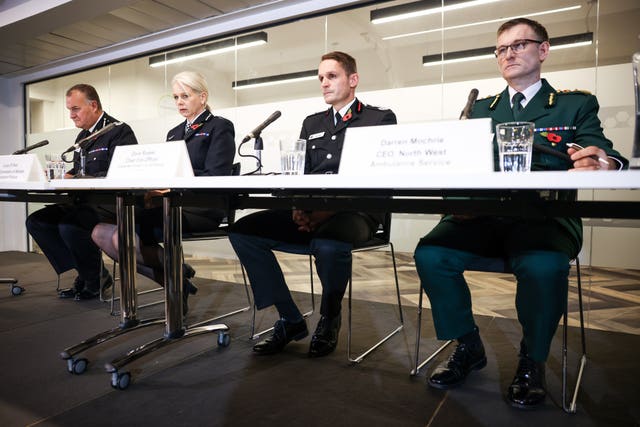 GMP Chief Constable Stephen Watson, left to right, BTP Chief Constable Lucy D’Orsi, GMFRS Chief Fire Officer Dave Russell and NWAS Chief Executive Daren Mochrie during a press conference 