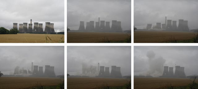 The cooling towers being destroyed