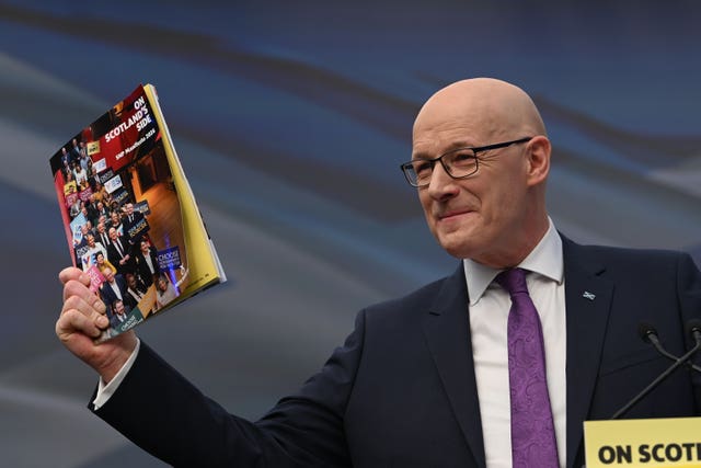 SNP leader John Swinney speaking at the launch of the party&rsquo;s manifesto