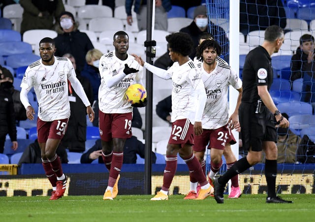 Arsenal’s Nicolas Pepe (second left) celebrates scoring a goal with his team-mates