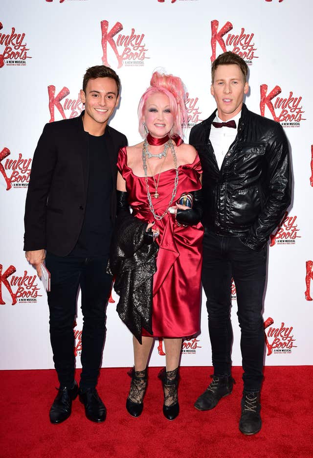 Tom Daley, Cyndi Lauper and Dustin Lance Black at the press night of Kinky Boots 