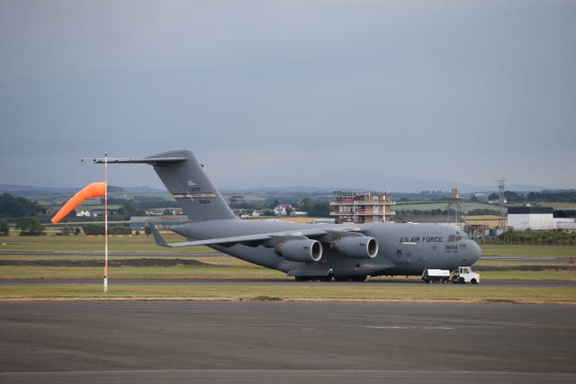 A US military plane on the tarmac at Prestwick Airport