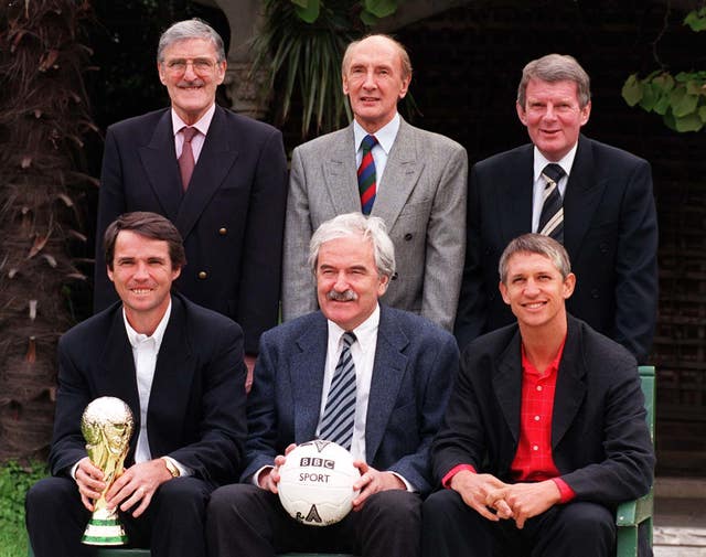 Barry Davies and John Motson (back row) in the line-up for the BBC World Cup commentary tea