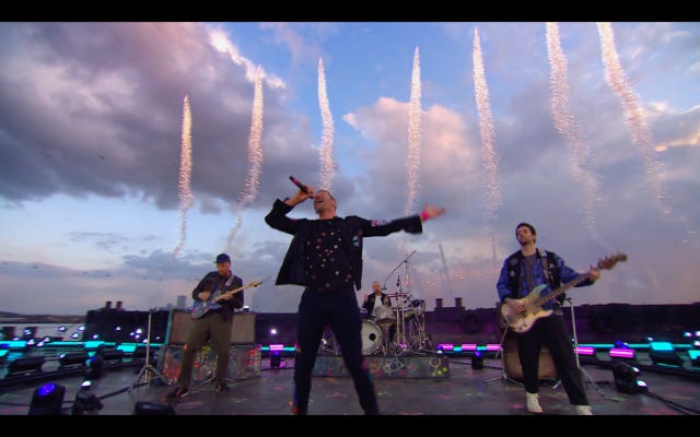 Coldplay perform their new single, Higher Power (Paul Dugdale/AP) 