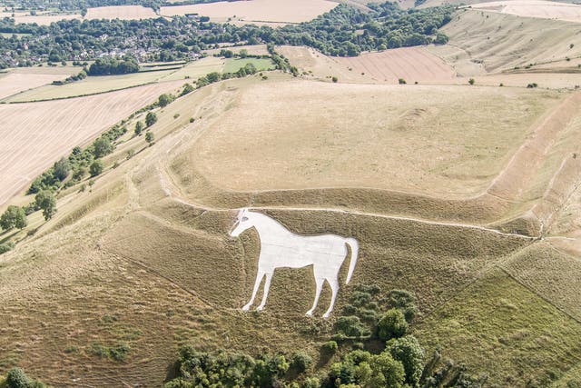 The English landscape, such as here surrounding the White Horse of Westbury, Wiltshire, is parched following weeks of dry weather (Ben Birchall/PA)