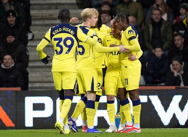 Tottenham Hotspur’s Mathys Tel (right) celebrates with team-mates after scoring against Bournemouth