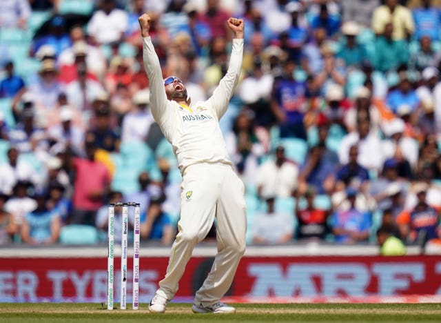 Nathan Lyon celebrates taking India's final wicket at The Oval