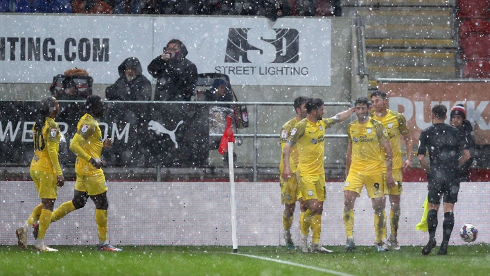 Ched Evans’ eighth goal in 12 league games gave Preston a 2-1 win at Rotherham (Nigel French/PA)