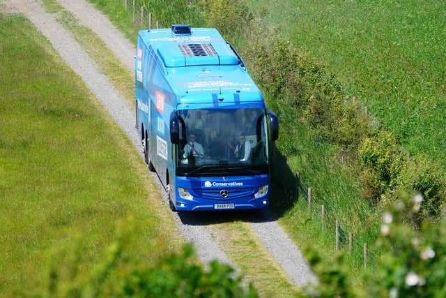 The Conservative Party battle bus arrives at a farm in Devon