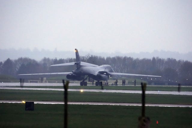A Rockwell B-1 Lancer, a supersonic heavy bomber used by the US Air Force, arrives at RAF Fairford 