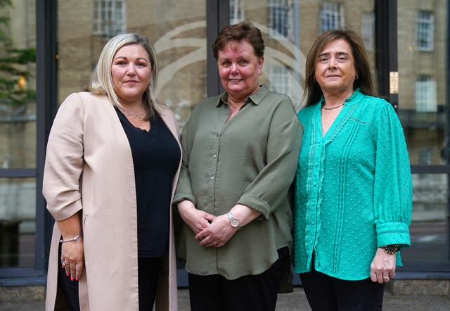 Former Post Office workers, from left, Fiona Elliott, Heather Earley and Deirdre Connolly, arrive at the Clayton Hotel in Belfast for the Post Office Horizon IT inquiry